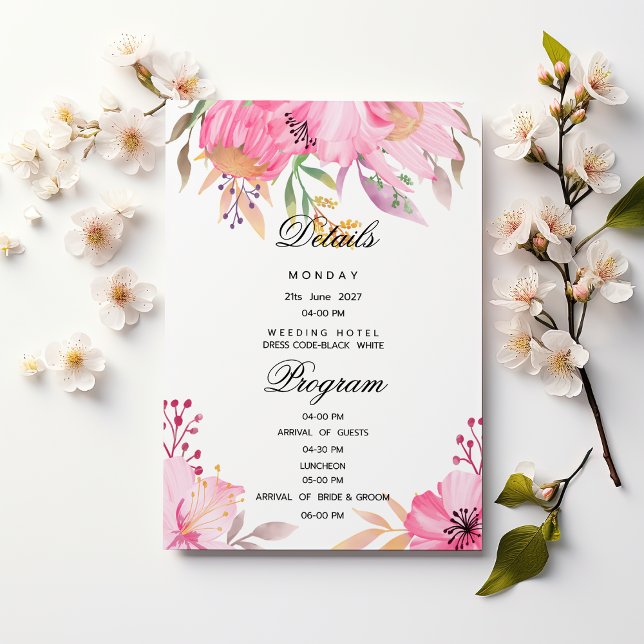 Botanic pink watercolor flowers Details Program Invitation (Botanic pink watercolor flowers Details Program)