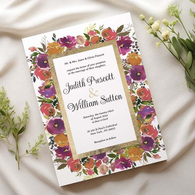 Botanic purple orange pink gold floral wedding invitation (Botanic purple orange pink gold floral wedding )