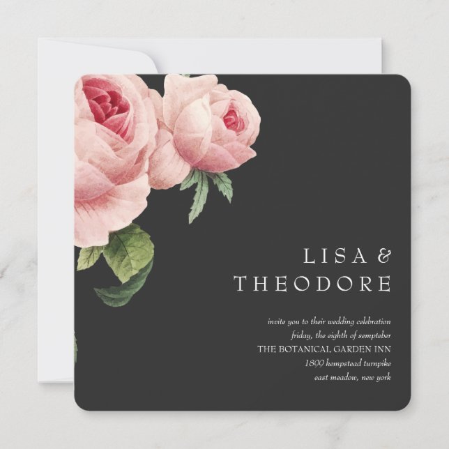 Botanica | Grey Vintage pink rose Wedding Invitation (Front)