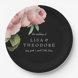 Botanica Pink Black vintage flower Wedding Paper Plate
