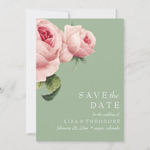 Botanica   Sage Vintage pink rose SAVE THE DATE Invitation