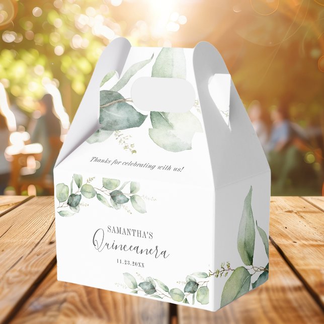 Botanical 15th Birthday Eucalyptus Quinceanera Favour Box (Eucalyptus Minimalist Watercolor Quinceanera Favor Box)