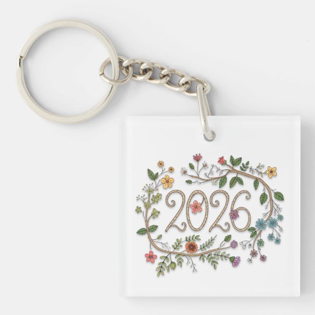 Botanical 2026 Typography with Flowering Vines  Key Ring (Front)