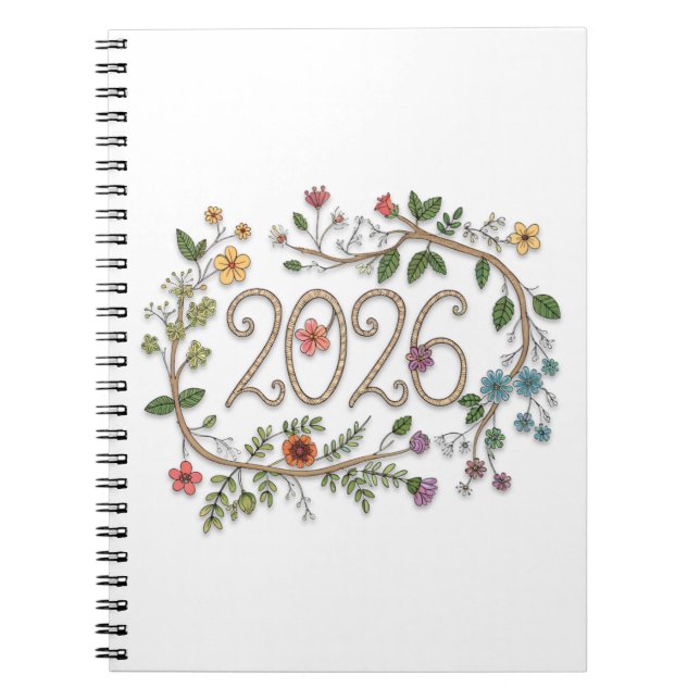 Botanical 2026 Typography with Flowering Vines  Notebook (Front)