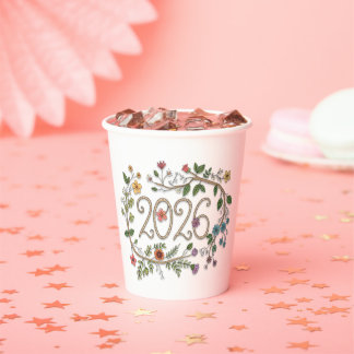Botanical 2026 Typography with Flowering Vines Paper Cups