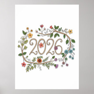 Botanical 2026 Typography with Flowering Vines Poster