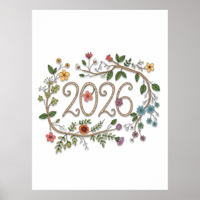 Botanical 2026 Typography with Flowering Vines  Poster (Front)