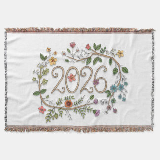 Botanical 2026 Typography with Flowering Vines Throw Blanket