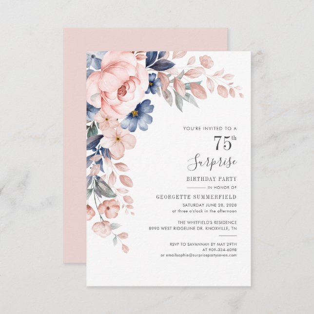 Botanical 75th Birthday Pink Floral Invite (Front/Back)