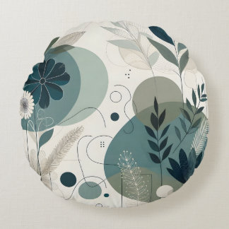 Botanical Abstract Teal And Neutral Shades Round Cushion