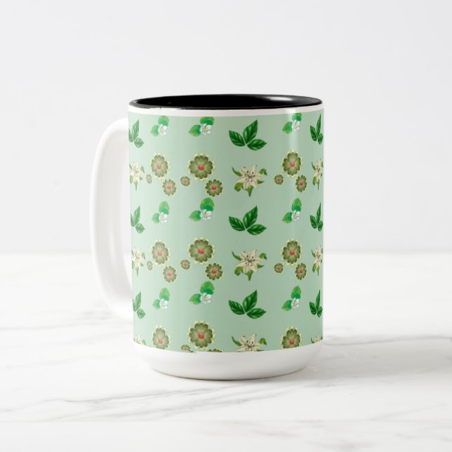 Botanical Aesthetic Mug – Green Floral Coffee Cup (Front Left)