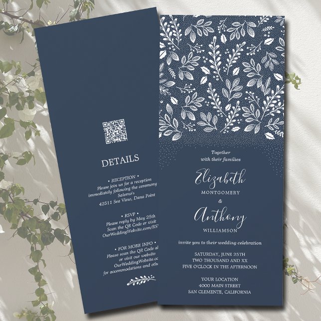 Botanical All In One Navy Blue Wedding Invitations (Creator Uploaded)