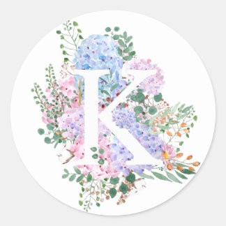 Botanical alphabet K hydrangea flowers  Classic Round Sticker