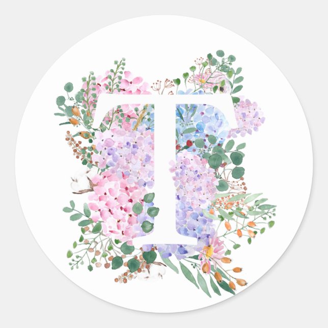Botanical alphabet T hydrangea flowers  Classic Round Sticker (Front)