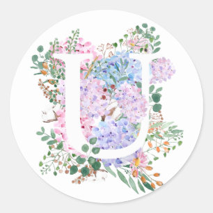 Botanical alphabet u hydrangea flowers classic round sticker