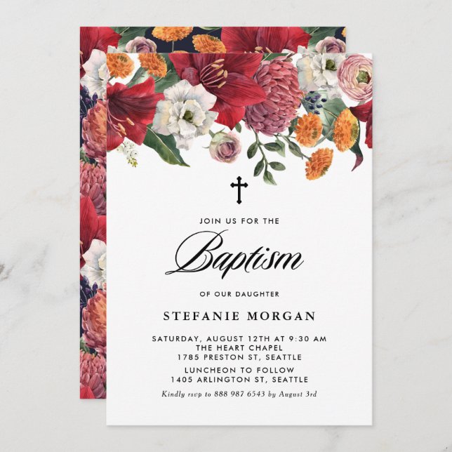 Botanical Amaryllis and Chrysanthemum Baptism Invitation (Front/Back)