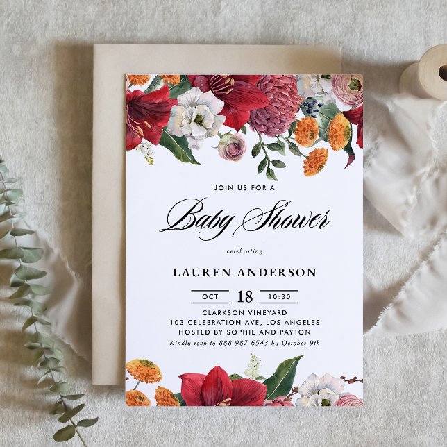Botanical Amaryllis and Mums Floral Baby Shower Invitation (Creator Uploaded)
