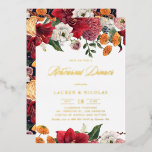 Botanical Amaryllis and Mums Rehearsal Dinner<br><div class="desc">Invite family and friends to your event with this customisable rehearsal dinner invitation. It features watercolor amaryllis, roses, ranunculus, and chrysanthemums with a matching floral pattern. This botanical rehearsal dinner invitation is perfect for fall and Christmas weddings. Personalise this gold foil rehearsal dinner invitation by adding the event, names, date,...</div>