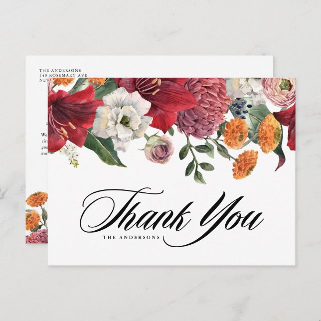 Botanical Amaryllis and Mums Wedding Thank You Postcard (Front/Back)