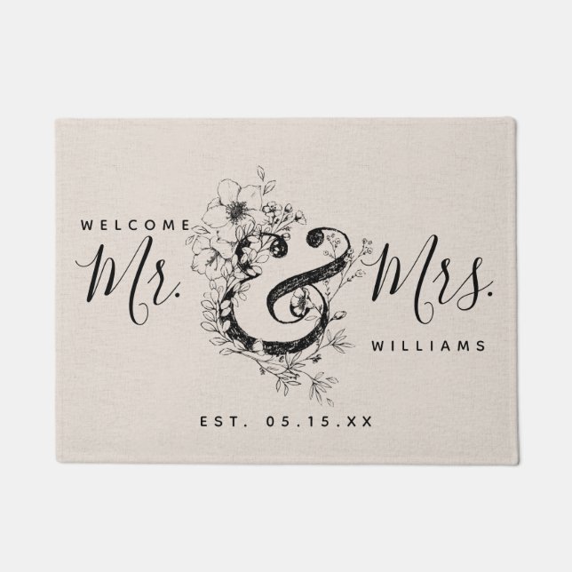Botanical Ampersand Newlywed Mr. & Mrs. Name Est. Doormat (Front)