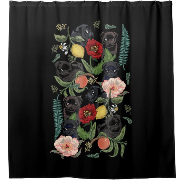 botanical and black pug t-  by huebucket shower curtain (Front)