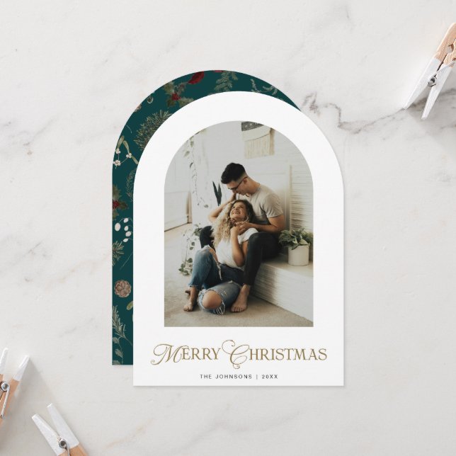 Botanical Arch Photo Green Christmas Holiday Card (Front/Back In Situ)