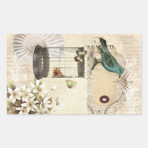 botanical art birdcage modern vintage french bird rectangular sticker