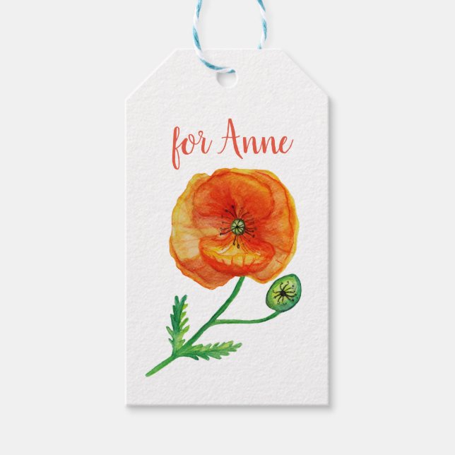 Botanical Art, Red poppy Flower Gift Tag (Front)