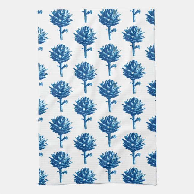 Botanical Artichoke Print, Indigo Blue and White Tea Towel (Vertical)
