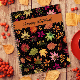 Botanical Autumn Fall Leaves on Black Name Notebook