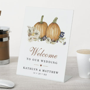 Botanical Autumn Pumpkin Fall Wedding Welcome Pedestal Sign