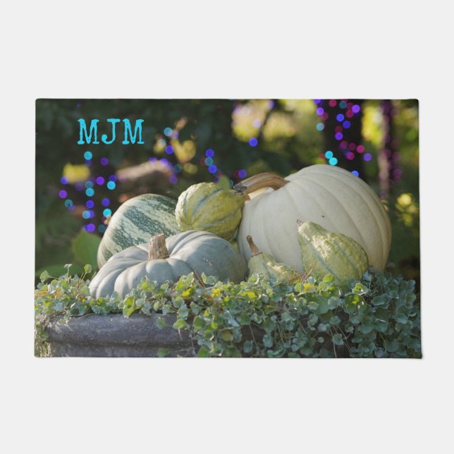 Botanical Autumn White Pumpkin Cornucopia Photo Doormat (Front)