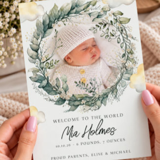 Botanical Baby Watercolor Greenery Newborn Birth Announcement