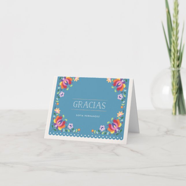 Botanical Banner Gracias Note Card - Cerulean (Front)