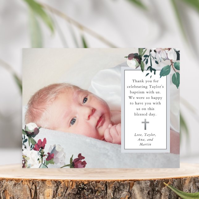 Botanical Baptism Thank You with Cross Photo Postcard (Creator Uploaded)