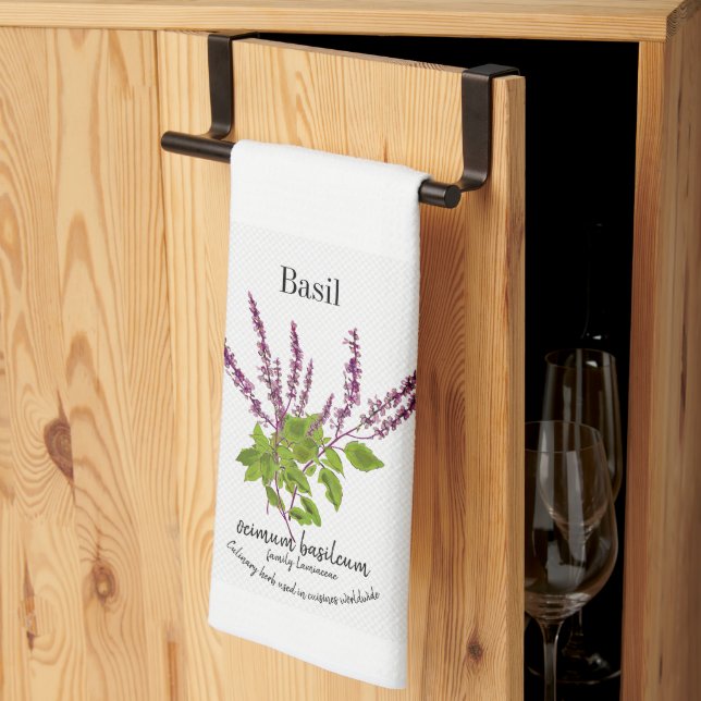 Botanical Basil Plant Art flowers, and Text Tea Towel (Thirds Fold)
