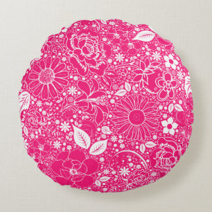 Botanical Beauties Bright Pink Round Throw Pillow