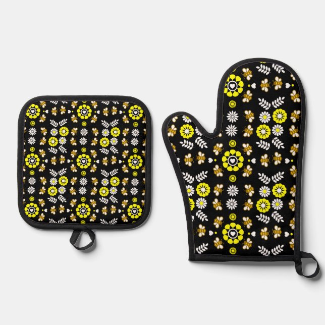 Botanical Bee Flower Pattern Oven Mitt & Pot Holder Set (Front)