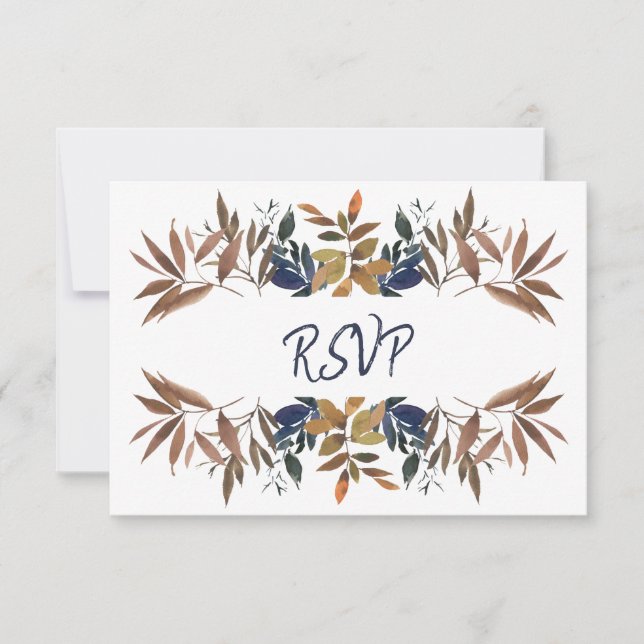 Botanical Beige Navy Blue Wedding  RSVP Card (Front)