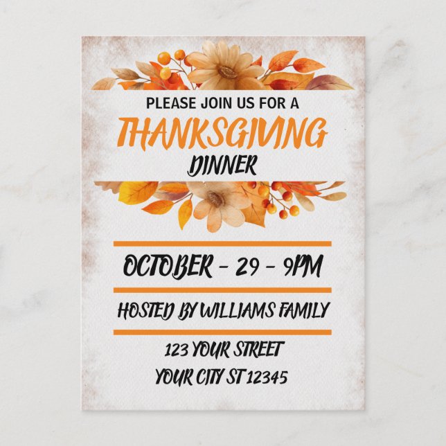 Botanical Beige Thanksgiving Dinner Postcard (Front)