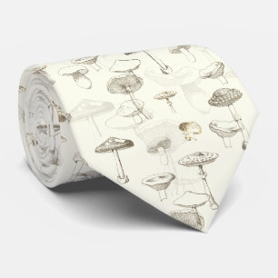 Botanical Beige White Forest Mushroom Pattern Tie