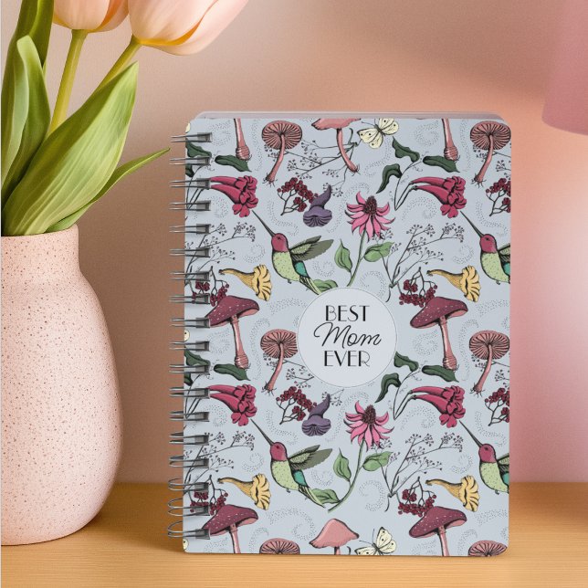 Botanical Best Mum Ever Blue Hummingbird Garden Notebook (Elegant Botanical Hummingbird Drawing with Colibri Birds and Exotic Flowers on Light Blue Background)