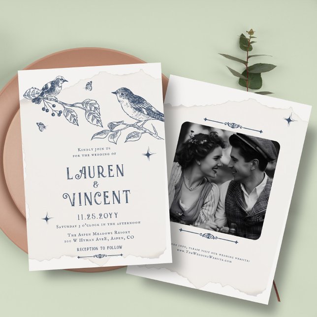 Botanical & Birds Classic Vintage Wedding Photo Invitation (Creator Uploaded)