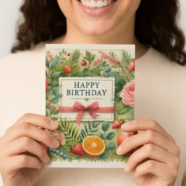 Botanical Birthday Wishes for Her  Card (Botanical birthday cheer strawberries, roses, and pine frame a sweet wish with ribbon and bow )