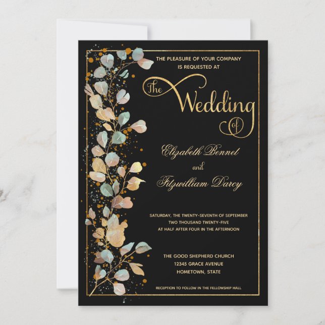 Botanical Black and Gold Photo Monogram Wedding Invitation (Front)