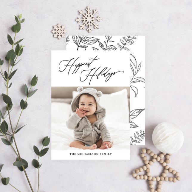 Botanical Black and White Happiest Holidays Photo Holiday Card (Creator Uploaded)