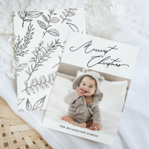 Botanical Black and White Merriest Christmas Photo Holiday Card