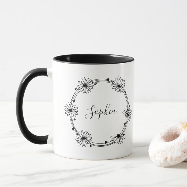 Botanical black and white name mug (With Donut)