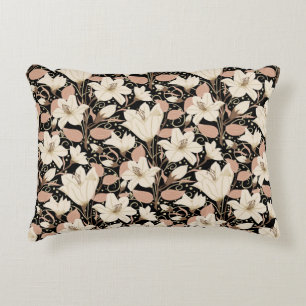 Botanical Black Beige Lily Floral Pattern   Decorative Cushion