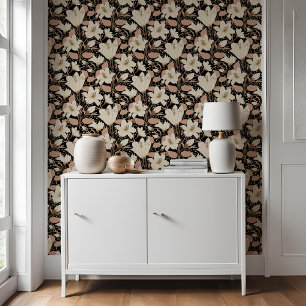 Botanical Black Beige Lily Floral Pattern   Wallpaper